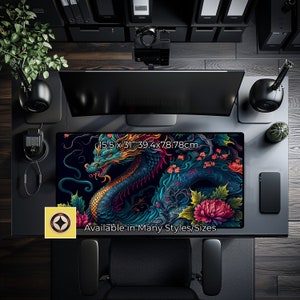 May include: A colorful dragon design mousepad with a dark blue, green, and purple dragon with gold accents. The mousepad is 15.5 x 31 inches and is available in many styles and sizes.