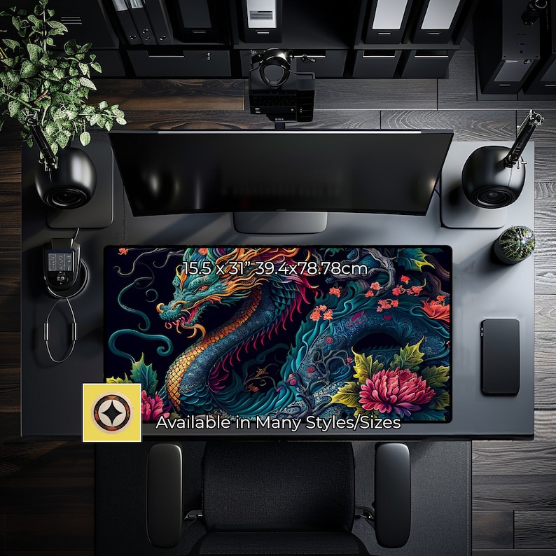 May include: A colorful dragon design mousepad with a dark blue, green, and purple dragon with gold accents. The mousepad is 15.5 x 31 inches and is available in many styles and sizes.