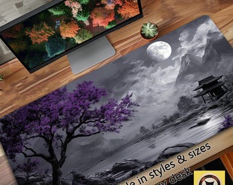 Alfombrilla de escritorio para juegos japonesa Moonlit Lake, gris y morada, para ratón - Regalo para jugadores de TCG - Decoración de escritorio japonesa - Alfombrilla de escritorio morada oscura