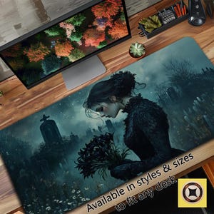 Goth Desk Decor - Gothic Desk Pad - Woman in Cemetery with Black Lilies - Dark Aesthetic Desk Mat - Dark Romanticism Mousepad XL