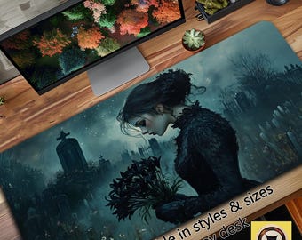 Goth Desk Decor - Gothic Desk Pad - Woman in Cemetery with Black Lilies - Dark Aesthetic Desk Mat - Dark Romanticism Mousepad XL