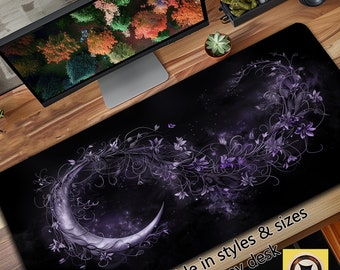 Midnight Floral Moon in Purple - Perfect Gift for Mom - Oversized Desk Pad - Cute Desk Mat - Black and Purple Mousepad