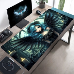 Anime Gothic Angel Desk Mat, Blue Hair, Large Wings Mouse Pad, Gothic Window & Candles Desk Pad, XL Gaming Accessory, XXL Mousepad