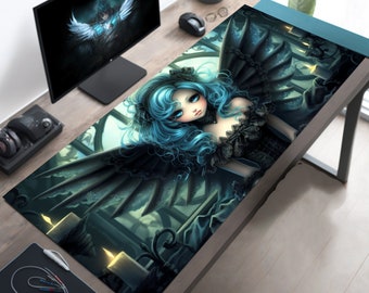 Anime Gothic Angel Desk Mat, Blue Hair, Large Wings Mouse Pad, Gothic Window & Candles Desk Pad, XL Gaming Accessory, XXL Mousepad