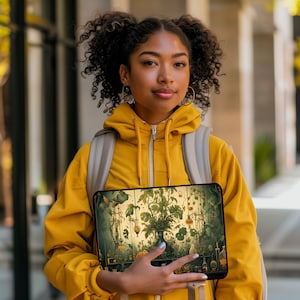 May include: A young person wearing a yellow hoodie and a backpack is holding a laptop case with a vintage botanical illustration of a plant with flowers and glass tubes. The illustration is in shades of green, brown, and yellow.