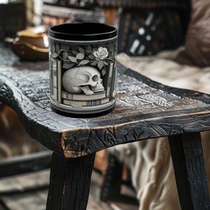 Dark Academia Skull, rose and Bookcase Mug - Goth Mug - Skull and Books Mug  - 11oz or 15oz Black Ceramic Mug