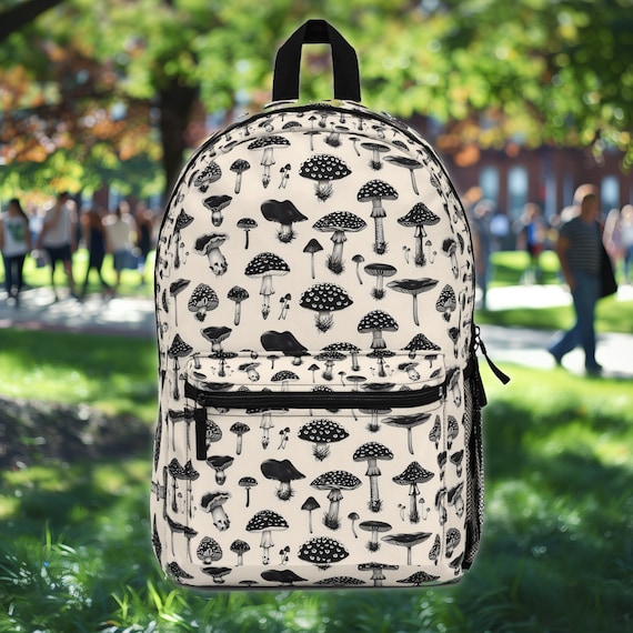 black & white mushroom moth mini backpack Cute Black Mushroom Backpack, Fungi Art Backpack, Back to School Gift, Book  Bag for College, Highschool, Middle School, Elementary School
