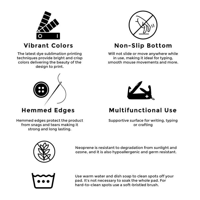 May include: An informational graphic with icons and text describing product features. The features include vibrant colors, a non-slip bottom, hemmed edges, and multifunctional use. The product is made of neoprene and is easy to clean.