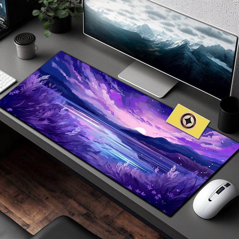 Pastel Anime Sunset Desk Mat, Manga Style Mountain Lake Mouse Pad, Kawaii Floral XL Workspace Decor, Cute Japanese Desk Accessories image 4