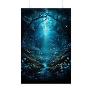 Mystic Forest Glow in Blue Poster, Wald Poster, Wald Raum Dekor, Wald Wand Kunst, Verzauberter Waldweg Wand Kunst