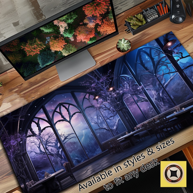 May include: A fantasy-themed desk mat with a large window view of a forest at night. The window is framed with black stone and has a starry sky in the background. The text "Available in styles & sizes to fit any desk" is at the bottom of the mat.