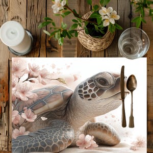 Op de afbeelding: Een placemat met een illustratie van een zeeschildpad en bloemmotieven. De schildpad is afgebeeld in grijze en bruine tinten, met roze kersenbloesems. Een mes en een lepel liggen rechts.