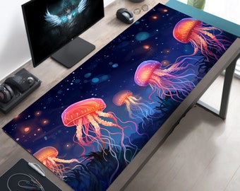 Anime Manga Jellyfish Desk Mat - Colorful Bioluminescent Creatures, Deep Blue Sea, Pink, Orange, Blue, XL Ocean-Inspired Workspace Accessory