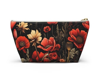 Red Floral Midnight Cosmetic Travel Bag, Cute Makeup Bag, Floral Pencil Case