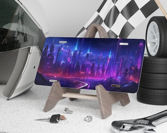 May include: A metal license plate featuring a futuristic cityscape with neon lights and a road leading into the distance. The plate is on a wooden stand.