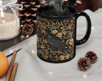 Medieval Floral Crow Mug - Medieval Floral Mug - Medieval Mug, 11oz or 15oz Black Ceramic Mug