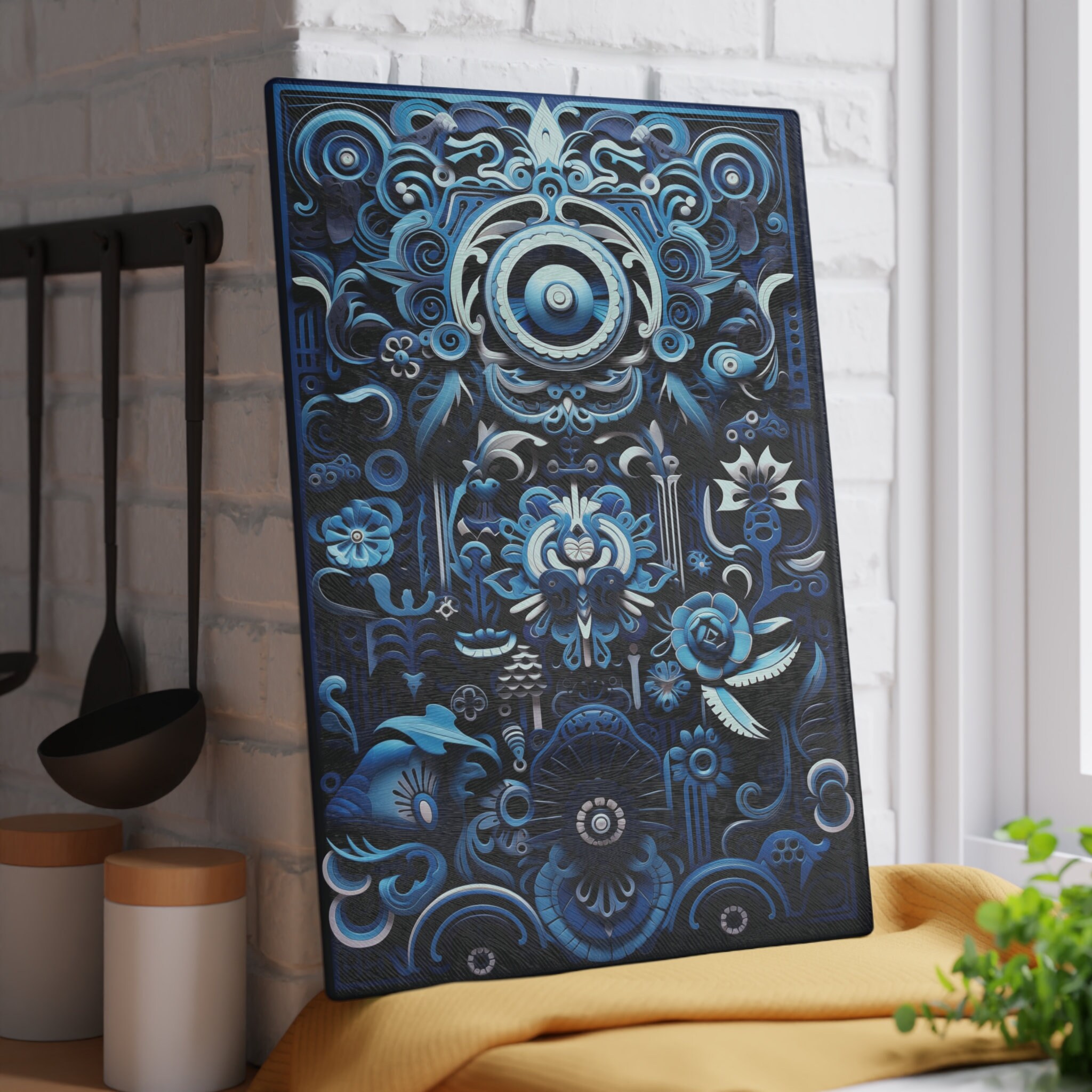 Fantasy Blue Mayan Art Glass Cutting Board