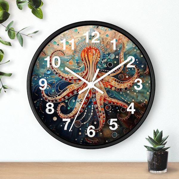 Round Wall Clock, Stunning Octopus Clock with White Numbers, Beach Home Decor