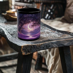 Magical Purple Forest Fantasy Mug - Castle and Crescent Moon Coffee Mug - Fantasy Coffee Cup - 11oz or 15oz Black Ceramic Mug