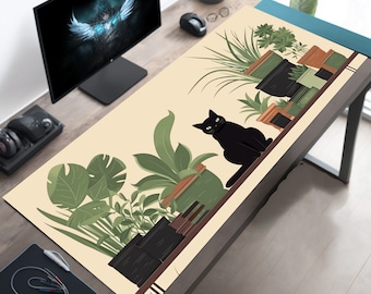 Lofi Cat Desk Mat, Cute Desk Pad, Aesthetic Mousepad, Plant Mouse Pad, Gaming Playmat XL, Giant Desk Accessory