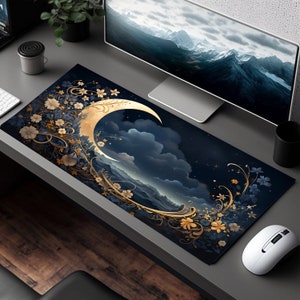 Cute Desk Mat, Aesthetic Mousepad, Kawaii Mouse Pad, Moon Deskmat, Crescent Moon and Wildflower Desk Mat, Floral Computer Mat, Keyboard Pad