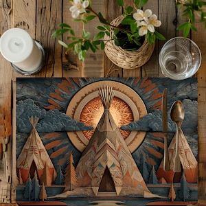 May include: A decorative placemat featuring a Native American teepee design in shades of brown, orange, and blue. The placemat has a detailed illustration of teepees, clouds, and a sunburst, creating a rustic and artistic look. The placemat is on a wooden table.