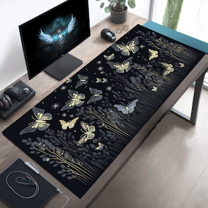 Fairycore Dark Cottagecore Desk Mat, Bioluminescent Butterflies Mouse Pad, Wildflower Silhouette Decor, Enchanting Workspace, Multiple Sizes