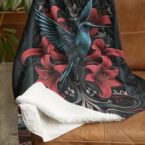 Majestic Lilies and Hummingbird Throw Blanket -  Sherpa Fleece Blanket, Cozy Blanket for Home Decor, Bird Lovers Gift - Mothers Day Gift