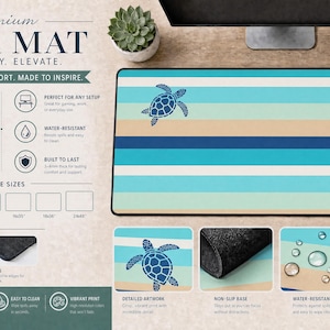 May include: A rectangular desk mat with blue and beige stripes and a turtle design. The mat is water-resistant and has a non-slip base. The text on the mat reads "Premium Desk Mat" and "Designed for Comfort. Made to Inspire."
