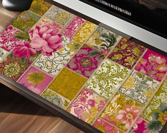 Boho Floral Patchwork Desk Mat - Vintage Botanical Mouse Pad for Office & Home
