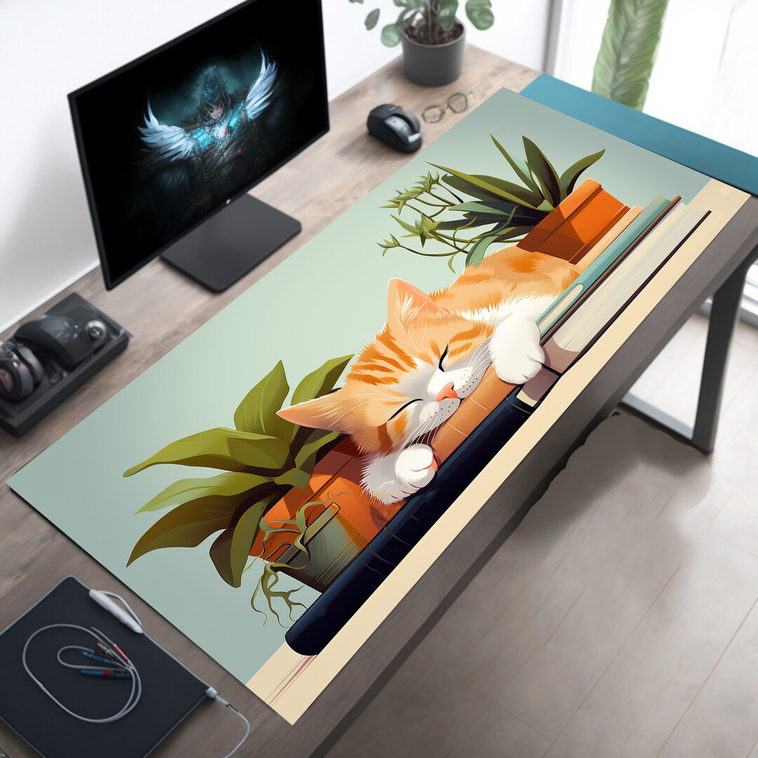 Sleeping Kitty Desk Mat, Cat Mouse Pad, Cute Desk Mat, Kawaii Mouse Pad