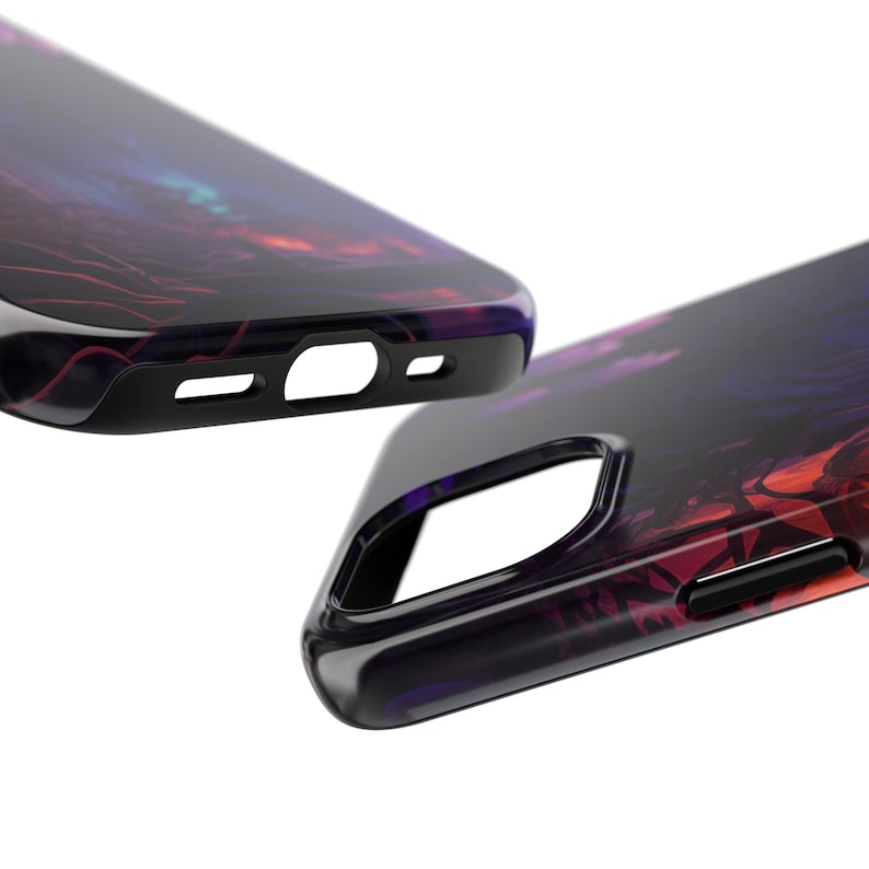 Op de afbeelding: Een zwarte telefoonhoes met een kleurrijk abstract ontwerp. De hoes heeft een verhoogde rand rond de camera lens en een uitsparing voor de oplaadpoort.