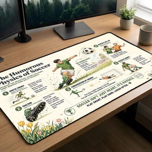 Op de afbeelding: Een rechthoekige muismat met een beige achtergrond. Het bevat illustraties en tekst over de natuurkunde van voetbal, waaronder "The Humorous Physics of Soccer". De mat ligt op een houten bureau.