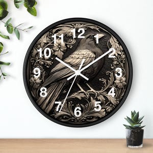 Art Nouveau Gothic Crow 10" Round Wall Clock - Wooden Case - Battery Operated - Silent Mechanism - Cute Home Decor Gift for Mom image 1