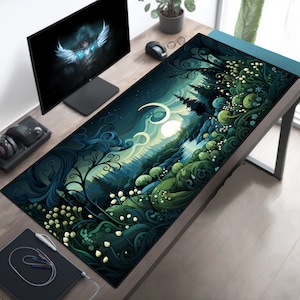 Secluded Forest Tranquility Oversized Desk Mat, Aesthetic Mousepad, Green Mouse Pad, Botanical Desk Pad, Whimsical Desk Decor, Cute Office
