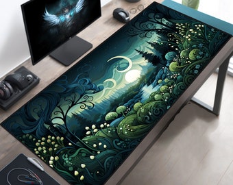 Tappetino da scrivania oversize "Secluded Forest Tranquility", tappetino per mouse estetico, tappetino per mouse verde, tappetino da scrivania botanico, decorazioni da scrivania stravaganti, grazioso ufficio