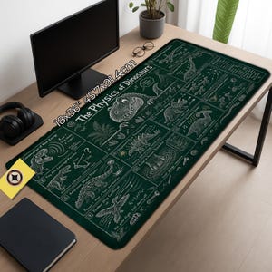 Puede incluir: Una alfombrilla de escritorio rectangular de color verde oscuro con ilustraciones de líneas blancas de varios dinosaurios y ecuaciones físicas. El texto dice The Physics of Dinosaurs e incluye etiquetas como Conservation of Roar Energy. Dimensiones 45,7x91,4cm.