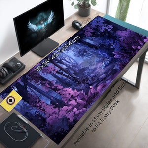 May include: A purple and blue forest scene with a path leading through the trees. The mousepad is 18x36 inches and is available in many styles and sizes to fit every desk.