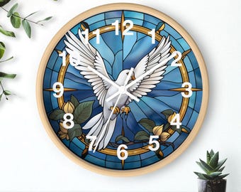 Lovely Dove Round Wall Clock Featuring Look of Stained Glass Art - Colorful Wall Clock for Home, Office, Dorm or Classroom