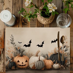 May include: A Halloween-themed placemat featuring pumpkins and bats. The placemat has a beige background with illustrations of pumpkins in various colors, including orange, white, and gray. Black bat silhouettes are scattered across the top. A knife and spoon are on the right.