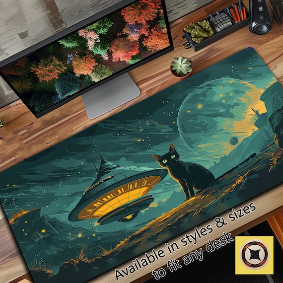 UFO Cat Mousepad XL, Kitty Mouse Pad XXL, Space Mousemat Big, Pop Art Desk Mat, Extra Large Deskmat, Oversized Desk Pad, Lofi Deskpad