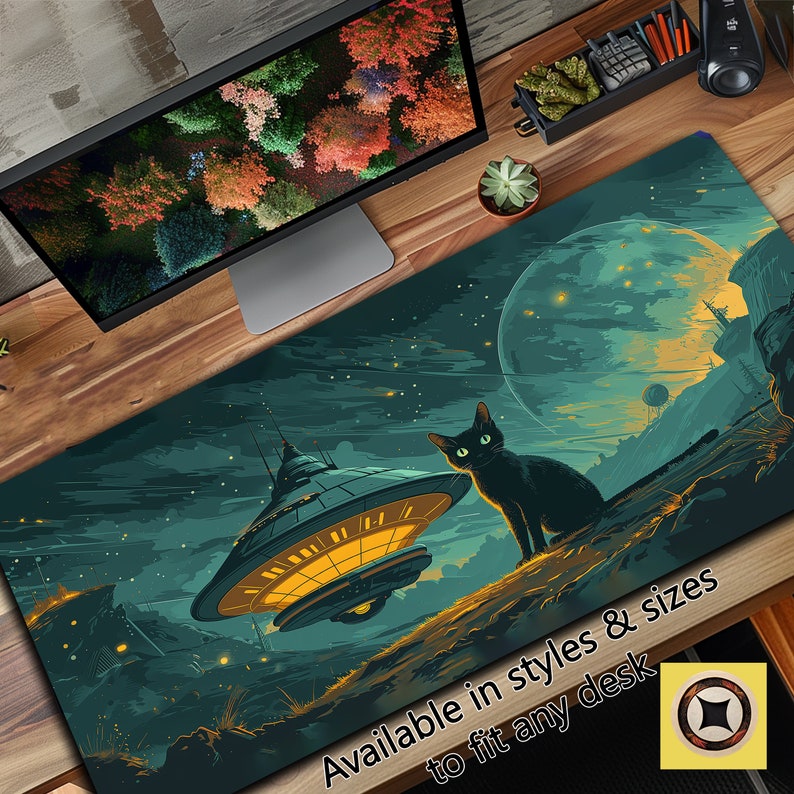 May include: A dark green and blue space-themed mousepad with a black cat, a flying saucer, and a large planet in the background. The text "Available in styles & sizes to fit any desk" is at the bottom of the mousepad.