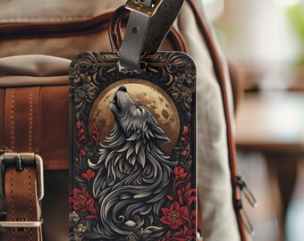 Gray Wolf Howling at Moon Art Bag Tag - Unique Fantasy Backpack Tag for Home, Work or Travel - Gamer Gift - Wolf Lovers Gifts