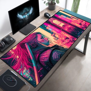 Japan Cyberpunk Mousepad, Retrowave Aesthetic, Pink Deskmat, XL Big Gaming Mouse Pad, Neon Tokyo, XXL Desk Mat