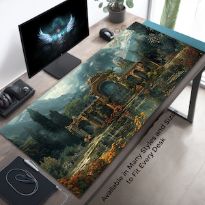 Escape de la Montaña Real de Fantasía, Tierra de Tapetes de Juego, Tapete de Juego de Cartas, Decoración de Escritorio de Fantasía, Decoración de Escritorio de Fantasía con Libros