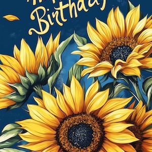 Artisan Sunflowers Happy Birthday Card - Instant Download Card - Print at Home Card Design