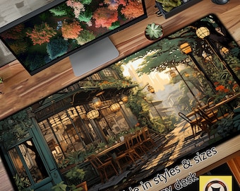 Nostalgic Peaceful Coffee Shop, Art Nouveau Inspired Desk Mat, Large Mouse Pad, Long Mousepad, Anime Desk Pad, Cute Kawaii Desk Decor