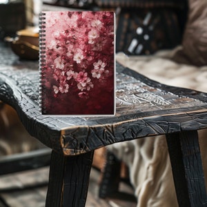Spiral Bound Notebook With Ruled Lines Featuring Deep Red and Pink Japanese Sakura Cherry Blossoms