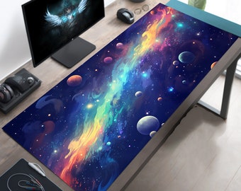 Galactic Streams, Pastel Anime Space Desk Mat, Nebula View, Cute Aesthetic Stars and Galaxies, Large Deep Dark Blue Cosmos Mouse Pad