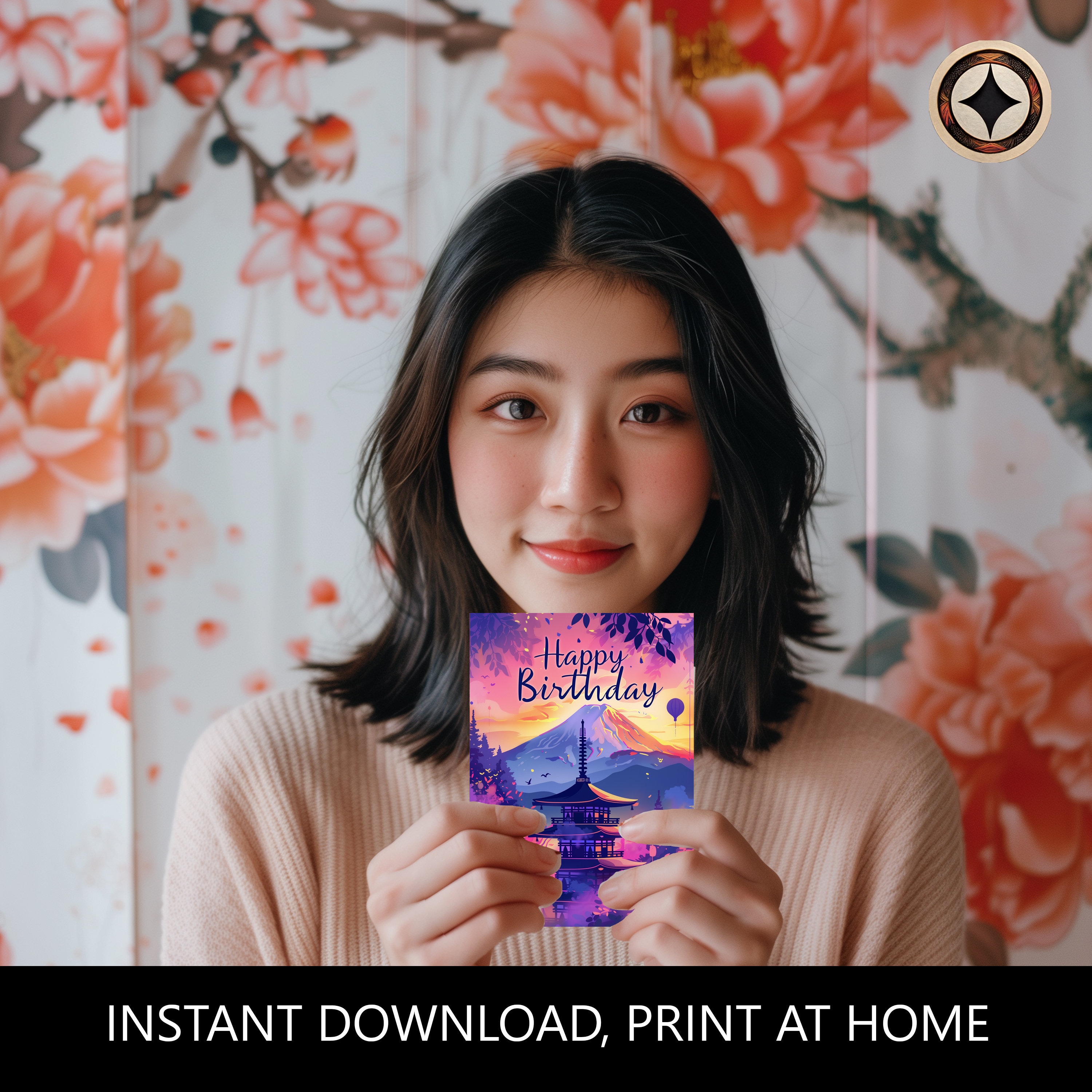 Japanese Mt Fuji Sunset Happy Birthday Card - Instant Download